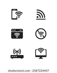 Wifi Icon Set solid collection - stock illustrati. Icons include a phone, browser, router, and a circle with a slash representing no signal, plus variations in signal wave number to indicate strength.