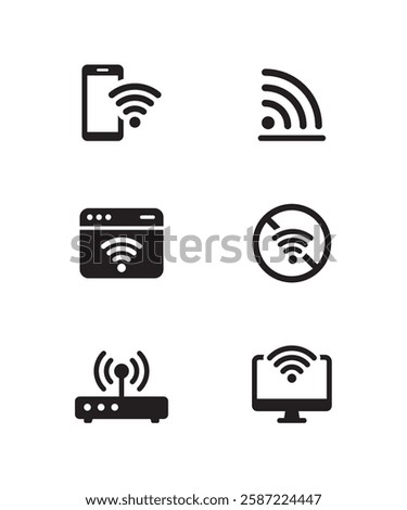 Wifi Icon Set solid collection - stock illustrati. Icons include a phone, browser, router, and a circle with a slash representing no signal, plus variations in signal wave number to indicate strength.