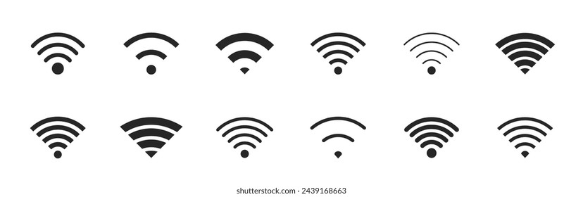 Wi-Fi Icon set symbol. Collection of stock vector images depicting symbols and icons related to wireless Wi-Fi connectivity. Wireless and wifi icon or wi-fi icon sign for remote internet access.