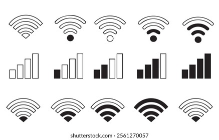 Wi-Fi Icon set symbol. Wireless and wifi icon or wi-fi icon sign for remote internet access. Network wifi business concept. Vector illustration.