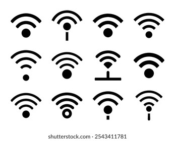 Conjunto de ícones Wi-Fi simbolizando o acesso à rede sem fio. Ideal para designs remotos de Internet, conectividade e rede. Ilustrações vetoriais simples para aplicativos e uso comercial.