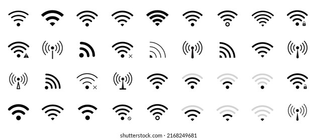 WiFi icon set. Wireless internet symbol. Different black wifi icon set. Set of free WiFi and zone sign. Set of sign for connect of network. Hotspot icon. Vector illustration
