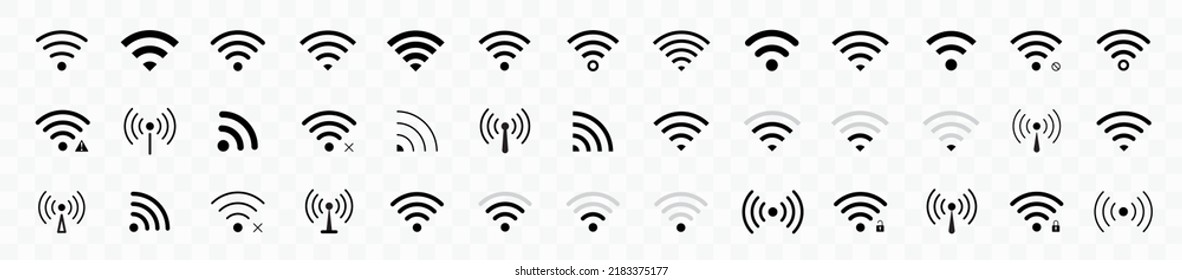 WiFi Icon Set. Wireless Internet Symbol. Different Black Wifi Icon Set. Set Of Free WiFi And Zone Sign. Set Of Sign For Connect Of Network. Hotspot Icon. Vector Illustration