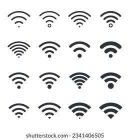 WiFi icon set. Wireless Internet symbol. Different black wifi icons. Collection of free internet zone sign. Connect of network. Hotspot icon. Vector illustration