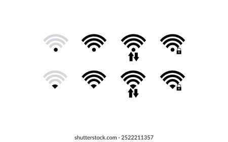 Ícone Wi-Fi definido. Símbolo da Internet sem fio. Conjunto diferente de ícones preto Wi-Fi. Conjunto de Wi-Fi gratuito e sinal de zona. Conjunto de sinais para conexão de rede. Ícone de ponto de acesso