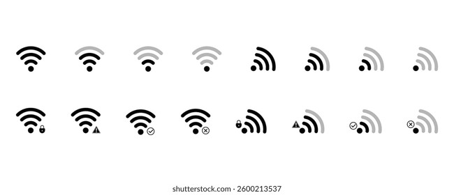 WiFi icon set. Wireless internet symbol. Different black wifi icon set. Set of free WiFi and zone sign. Set of sign for connect of network.