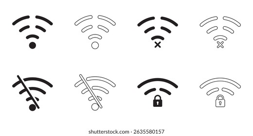 WiFi icon set. Wireless internet symbol. Different black wifi icon set. Set of free WiFi and zone sign. Set of sign for connect of network. Hotspot icon. Vector illustration.