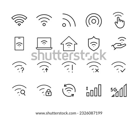 WIFI icon set, Wireless internet Wi Fi outline icons, Different levels of Wi Fi signal, editable stroke, isolaated on white linear pictogram