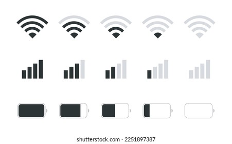 Wi-Fi Icon set. Wireless and wifi signal. WiFi zone sign. Charge battery level. Mobile connection icons. Phone system icons. Vector