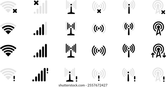 Wi-Fi icon set. Wireless symbol collection. Internet sign. Wifi signal icons. WiFi icon set. Wireless internet symbol. Different black wifi icons. Wireless network antenna Vector Illustration EPS 10.