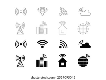 Wifi icon. signal sign and symbol. Wifi icon wireless internet signal element. Wireless symbol collection. Set of Network and Internet icon. Globe, cloud, connections, and wireless.