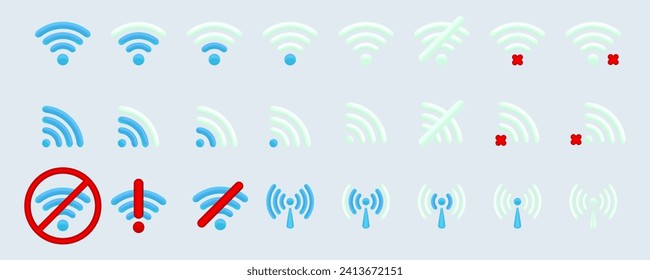 WiFi-Symbol und WiFi-Signal-Stärke 3D-Sammlung für mobile Geräte. Wireless-Internetanschluss-Sammlung. Keine Wi-Fi, ohne Wi-Fi-Handy Vektor. Set von kostenlosem Wi-Fi und Hotspot Symbol. Vektorgrafik.