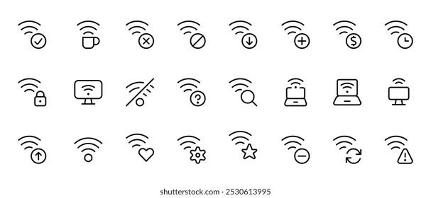 Sinal de ícone Wifi. Símbolo da Internet sem fio. Conjunto de sinais para conexão de rede. Barra de satélites para celular, rádio, computador. Ponto de conexão, onda eletrônica de força da antena para vetor de comunicação