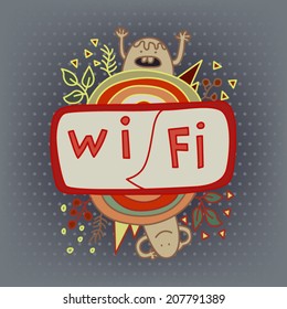 Wi-Fi Icon / Vector doodle and hand drawn illustration of Wi-Fi icon with cute characters and rainbows. Good for web sites of stickers.
