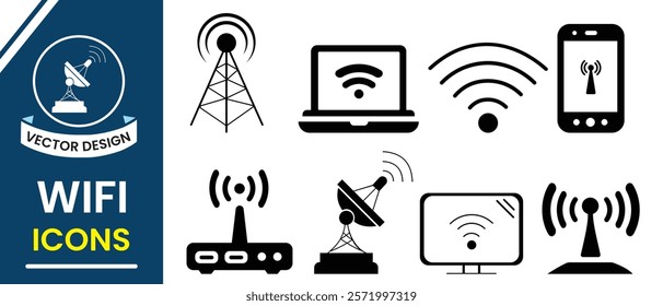 Wi-fi icon, vector set. Wireless satellite technology icon, vector set. Wi-fi, networking sign and symbol design. Router wireless technology, wireless internet signal element. Vector illustration.