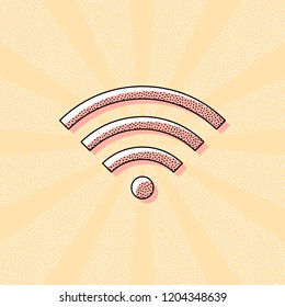 wi-fi icon. Vintage retro typography with offset printing effect. Dots poster with comics pop art background
