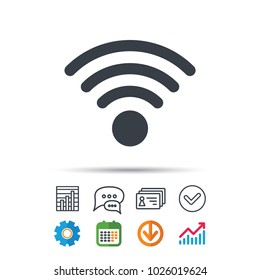 Wifi icon. Wireless internet sign. Communication technology symbol. Statistics chart, chat speech bubble and contacts signs. Check web icon. Vector
