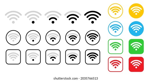 Icono Wifi. Signo de Internet inalámbrico. Símbolo de tecnología de la comunicación. Botones de web planos de colores. Fuerza Wifi de fondo blanco. Concepto de comunicación mundial.Ilustración vectorial.