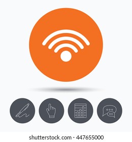 Wifi icon. Wireless internet sign. Communication technology symbol. Speech bubbles. Pen, hand click and chart. Orange circle button with icon. Vector