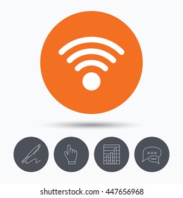 Wifi icon. Wireless internet sign. Communication technology symbol. Speech bubbles. Pen, hand click and chart. Orange circle button with icon. Vector
