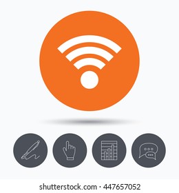 Wifi icon. Wireless internet sign. Communication technology symbol. Speech bubbles. Pen, hand click and chart. Orange circle button with icon. Vector