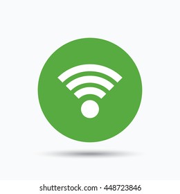 Wifi icon. Wireless internet sign. Communication technology symbol. Flat web button with icon on white background. Green round pressbutton with shadow. Vector