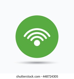 Wifi icon. Wireless internet sign. Communication technology symbol. Flat web button with icon on white background. Green round pressbutton with shadow. Vector