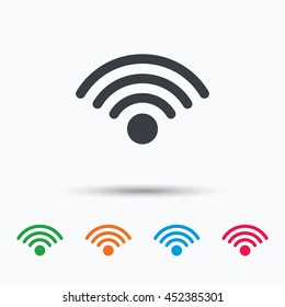 Wifi icon. Wireless internet sign. Communication technology symbol. Colored flat web icon on white background. Vector