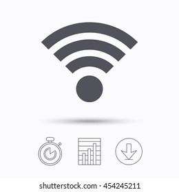 Wifi icon. Wireless internet sign. Communication technology symbol. Stopwatch, chart graph and download arrow. Linear icons on white background. Vector