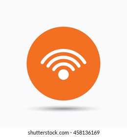 Wifi icon. Wireless internet sign. Communication technology symbol. Orange circle button with flat web icon. Vector