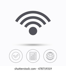 Wifi icon. Wireless internet sign. Communication technology symbol. Check tick, graph chart and internet globe. Linear icons on white background. Vector