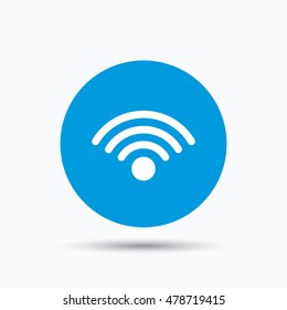 Wifi icon. Wireless internet sign. Communication technology symbol. Blue circle button with flat web icon. Vector