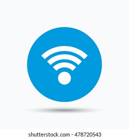 Wifi icon. Wireless internet sign. Communication technology symbol. Blue circle button with flat web icon. Vector