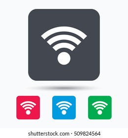 Wifi icon. Wireless internet sign. Communication technology symbol. Colored square buttons with flat web icon. Vector