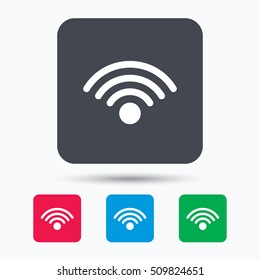 Wifi icon. Wireless internet sign. Communication technology symbol. Colored square buttons with flat web icon. Vector