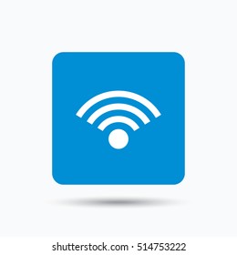 Wifi icon. Wireless internet sign. Communication technology symbol. Blue square button with flat web icon. Vector
