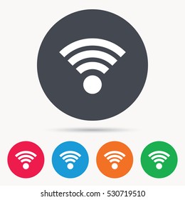 Wifi icon. Wireless internet sign. Communication technology symbol. Colored circle buttons with flat web icon. Vector