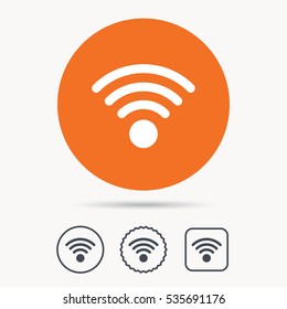 Wifi icon. Wireless internet sign. Communication technology symbol. Orange circle button with web icon. Star and square design. Vector