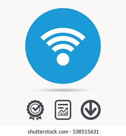 Wifi icon. Wireless internet sign. Communication technology symbol. Achievement check, download and report file signs. Circle button with web icon. Vector