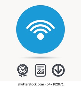 Wifi icon. Wireless internet sign. Communication technology symbol. Achievement check, download and report file signs. Circle button with web icon. Vector