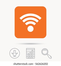 Wifi icon. Wireless internet sign. Communication technology symbol. Report chart, download and magnifier search signs. Orange square button with web icon. Vector