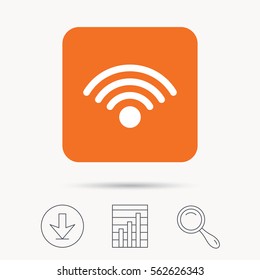 Wifi icon. Wireless internet sign. Communication technology symbol. Report chart, download and magnifier search signs. Orange square button with web icon. Vector