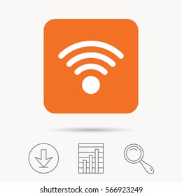 Wifi icon. Wireless internet sign. Communication technology symbol. Report chart, download and magnifier search signs. Orange square button with web icon. Vector