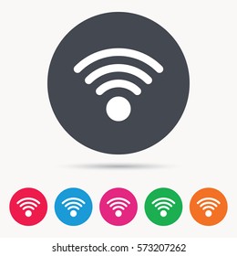 Wifi icon. Wireless internet sign. Communication technology symbol. Colored circle buttons with flat web icon. Vector