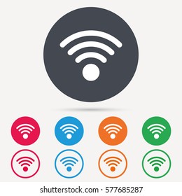 Wifi icon. Wireless internet sign. Communication technology symbol. Round circle buttons. Colored flat web icons. Vector