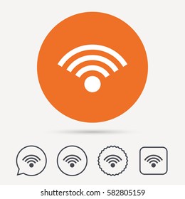 Wifi icon. Wireless internet sign. Communication technology symbol. Circle, speech bubble and star buttons. Flat web icons. Vector