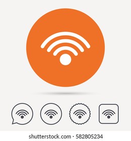 Wifi icon. Wireless internet sign. Communication technology symbol. Circle, speech bubble and star buttons. Flat web icons. Vector