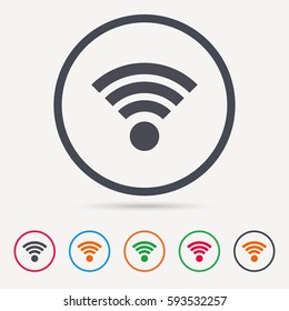 Wifi icon. Wireless internet sign. Communication technology symbol. Round circle buttons. Colored flat web icons. Vector