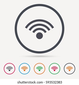Wifi icon. Wireless internet sign. Communication technology symbol. Round circle buttons. Colored flat web icons. Vector