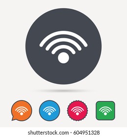 Wifi icon. Wireless internet sign. Communication technology symbol. Circle, speech bubble and star buttons. Flat web icons. Vector